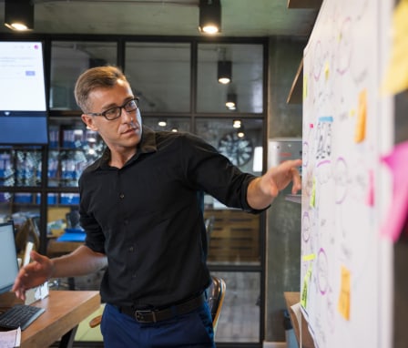 Man leading a meeting at a whiteboard